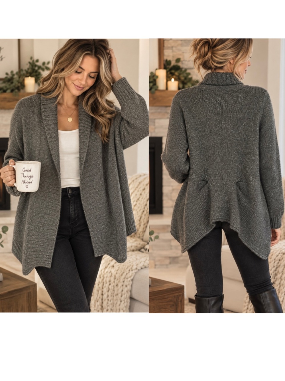 🧑‍🎄 BCBGMAXAZRIA Gray Open Front Cardigan Sweater Draped Hi Lo Cozy Wool Knit M